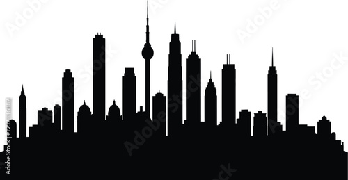 A black silhouette of a modern city skyline with sleek skyscrapers and towering high rises against a white background