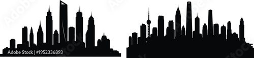 Black silhouettes of two city skylines on white background