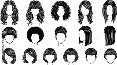 Women and men hairstyle collection, various haircuts silhouettes set, modern fashion hair styles illustration, black outline design isolated background
