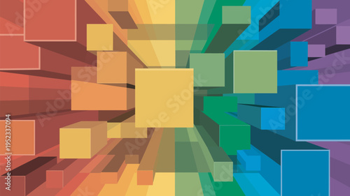 A vibrant and colorful abstract background with geometric shapes and 3D cubes in a rainbow of hues and shades.