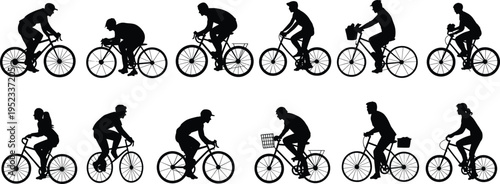 Collection of cyclist silhouettes riding bicycles in various positions, urban commuting, fitness activity, isolated vector style illustration for design use