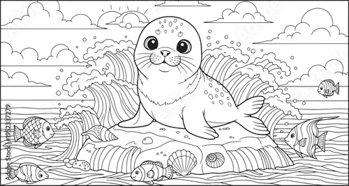 Cute seal pup resting on rock surrounded by ocean waves and fish, playful marine life, outline artwork