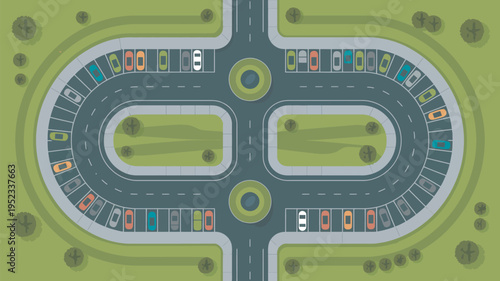 An aerial view of a busy highway interchange with multiple lanes and cars on a green background