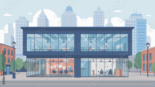 A modern office building with large glass windows and a city skyline in the background