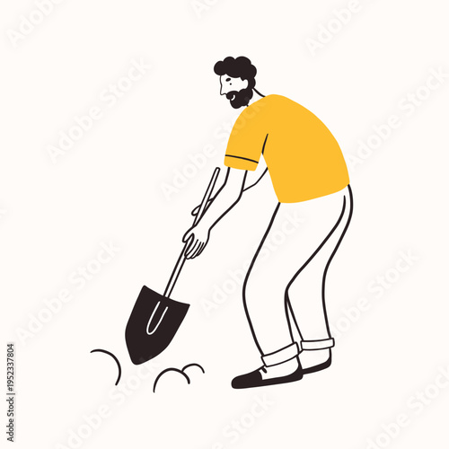 Farm agricultural worker or farmer, man hold shovel, taking care of harvest, dig the ground. Hand drawn simple ink doodle contour line illustration. Farming, agriculture or local organic production.