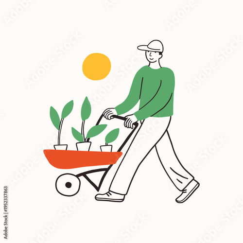 Farm agricultural worker or farmer, man with cart or trolley, transporting plants, seedlings, care of plants. Hand drawn simple ink doodle contour line illustration. Farming, agriculture or local.