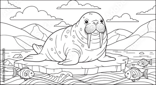 Walrus coloring page for children features large marine mammal sitting on ice floe with small fish swimming nearby in arctic ocean water