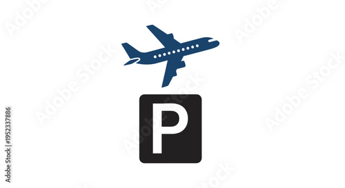 A blue airplane hovers above a black parking sign with a white "P". White background