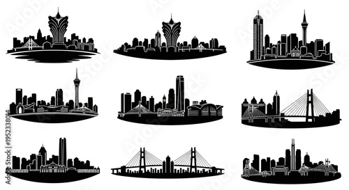 City Skylines Silhouettes Collection: Diverse Urban Landscapes in Black and White