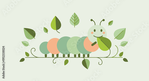 Cute cartoon caterpillar eating a leaf, surrounded by stylized leaves and a vine-like stem