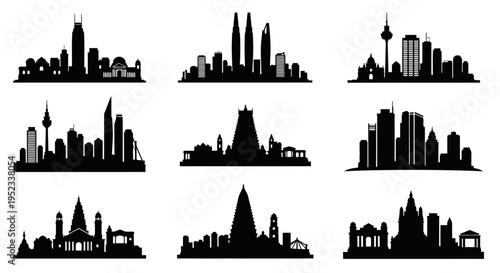 City Skylines Silhouettes Collection: Famous Landmarks and Urban Landscapes