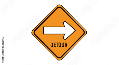 An orange diamond road sign with a right arrow and the word "DETOUR