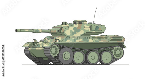 A side-view illustration of a camouflage-painted tank with a long gun barrel