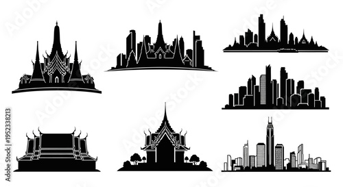 Bangkok Skyline Silhouette: Iconic Temples and Modern Skyscrapers Collection