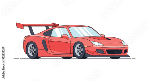 A red sports car with a large rear wing, stylized with bold outlines, set against a white background
