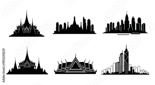 Bangkok Skyline Silhouettes: Traditional Temples and Modern Skyscrapers