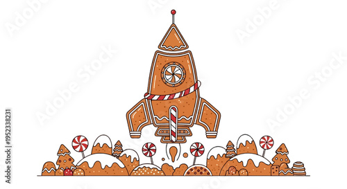Festive illustration of a gingerbread rocket launching from a candy and snowy landscape