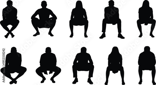Collection of human silhouettes sitting squatting poses diverse people isolated black figures body language positions set on white background clean