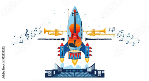 A rocket made of instruments like a violin, trumpet, and clarinet blasts off with musical notes