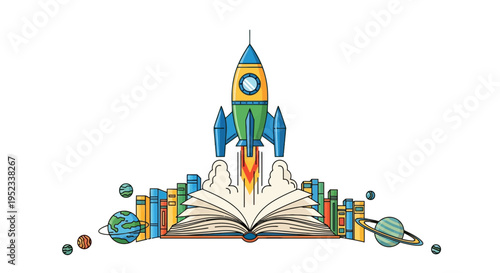 Illustration depicts a rocket taking off from a book surrounded by planets