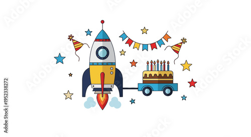 A festive illustration of a rocket launching with a cake on a trailer, decorated for a party