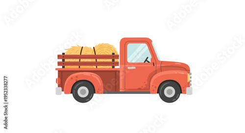 A vintage red pickup truck carries hay bales in its bed, rendered in a simple illustration style