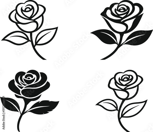 Set of four rose flower line art icons in different styles. Elegant black outline and silhouette designs isolated on white background. Perfect for floral branding, beauty products, wedding design, dec