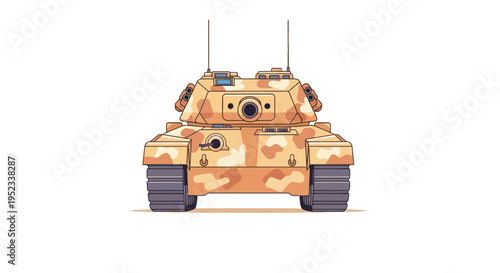 Front-facing illustration of a desert-camouflaged tank. Two antennas and a large gun barrel are visible