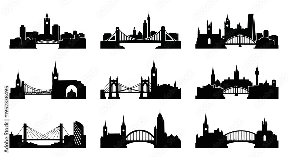 Fototapeta premium City Skylines and Bridges Silhouettes Collection