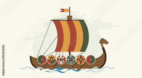 Cartoon illustration of a Viking longship with colorful sail, sailing on water