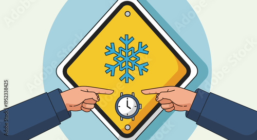 Illustration shows a snowflake sign, clock, and pointing hands
