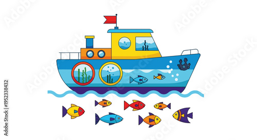 Colorful cartoon submarine with portholes showing underwater scenes, surrounded by fish