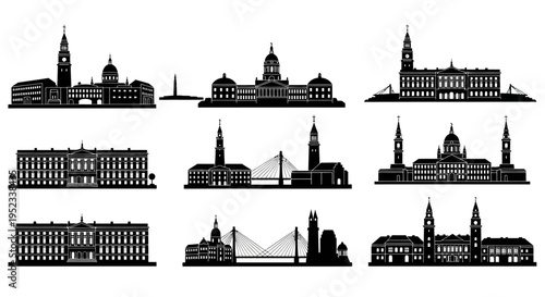 City Skyline Silhouettes: Iconic Buildings and Bridges Collection