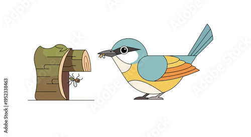 Illustration of a stylized bird with prey, next to a tree trunk with insects on a white background