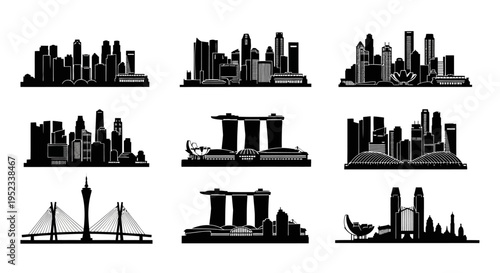 City Skyline Silhouettes: Modern Architecture, Urban Landscapes, and Landmarks Collection