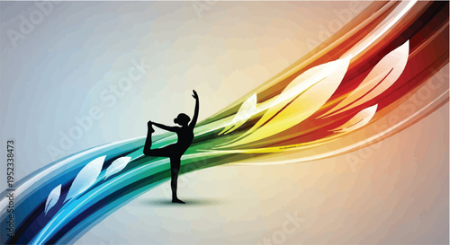 Silhouette of woman performing yoga tree pose against colorful flow.