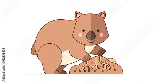 A brown wombat cartoon illustration is beside a dirt mound with visible roots