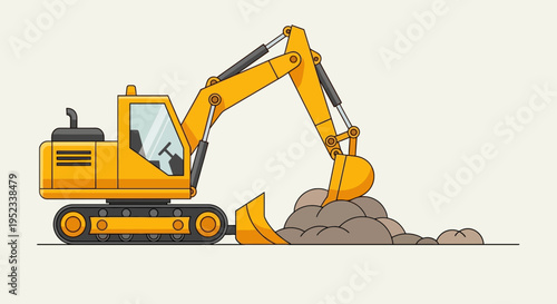 Flat illustration of a yellow excavator digging into a pile of dirt