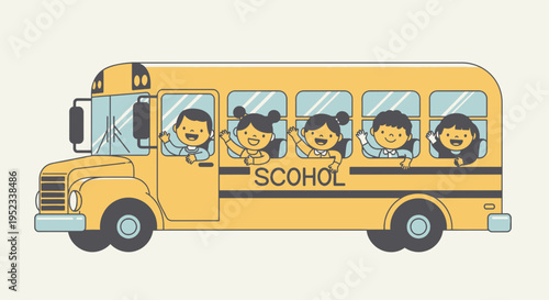 A yellow school bus with five children waving from the windows. The word "SCOHOL" is on it