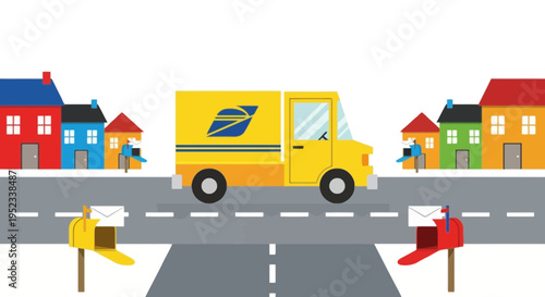 Cartoon depicts yellow delivery truck on street with houses, mailboxes, and letters