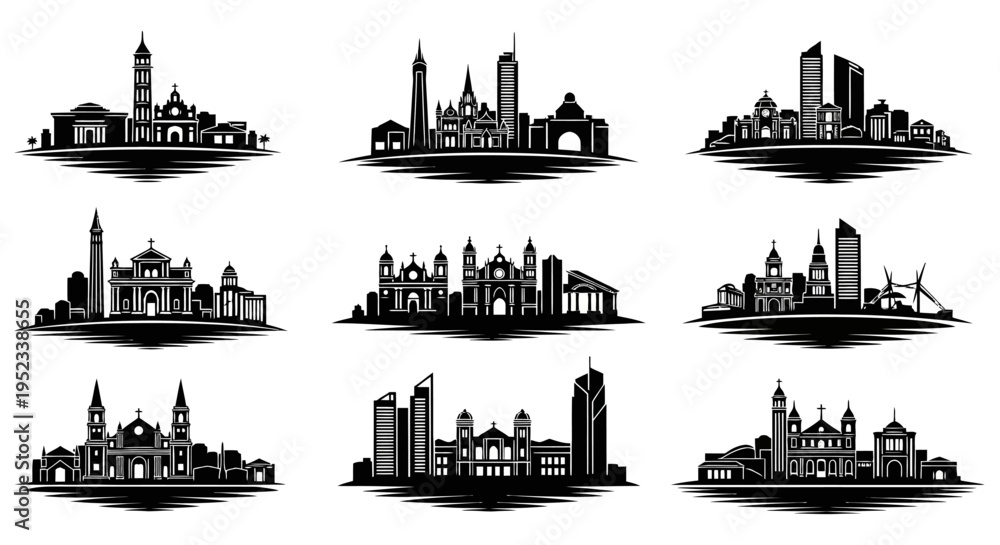 Fototapeta premium City Skylines Silhouettes Collection: Diverse Architectural Styles