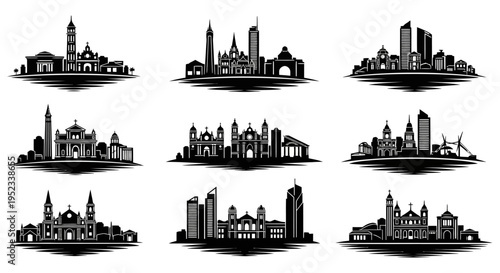 City Skylines Silhouettes Collection: Diverse Architectural Styles