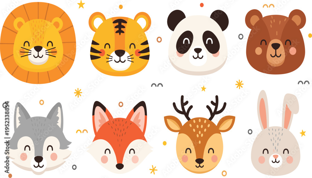 Naklejka premium Cute Animal Face Collection Featuring Lion, Tiger, Panda, Bear, Wolf, Fox, Deer, and Rabbit in Cartoon Flat Vector Style for Kids Design and Nursery Projects.