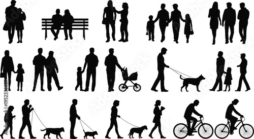 Collection of people silhouettes walking families couples children dog walking cycling urban lifestyle isolated vector illustration set diverse daily activities