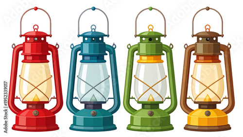 Colorful vintage lantern vector illustration with glowing flames, decorative design, nostalgic camping style, and traditional lighting concept