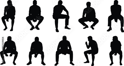Collection of sitting human silhouettes showing different male poses isolated on white background for design, illustration, reference, posture study set