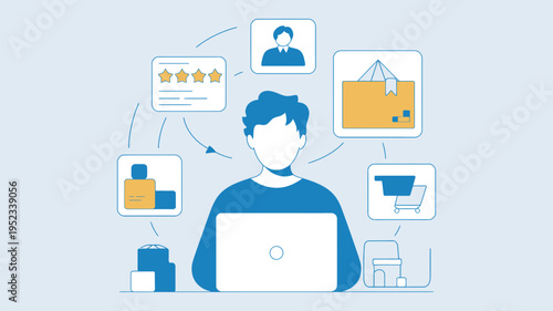 A man sitting at a laptop with various icons and graphics floating around him representing online shopping and customer reviews.
