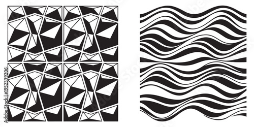 Abstract geometric and wavy patterns vector illustration set with monochrome graphic design shapes
