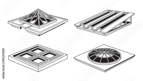 Architectural skylight roof windows vector illustration showing dome and pyramid structural designs
