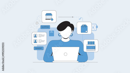 A person working on a laptop with various digital icons and documents surrounding them in a modern workspace